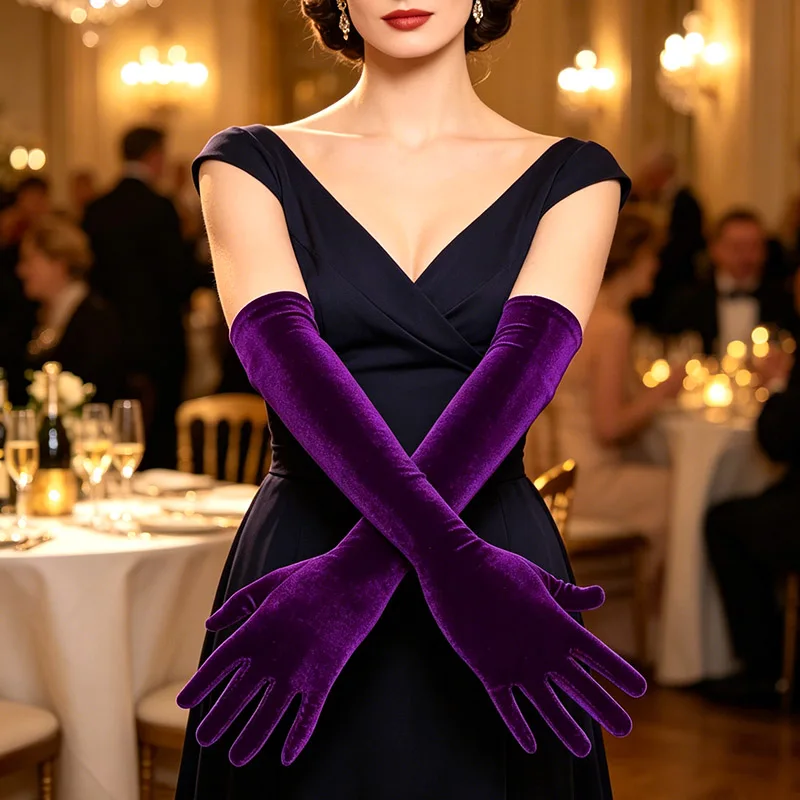 Black Classic for Lady Velvet Long Gloves Autumn Winter Warm Evening Dress Wedding Full Finger Gloves for Women Matching Costume