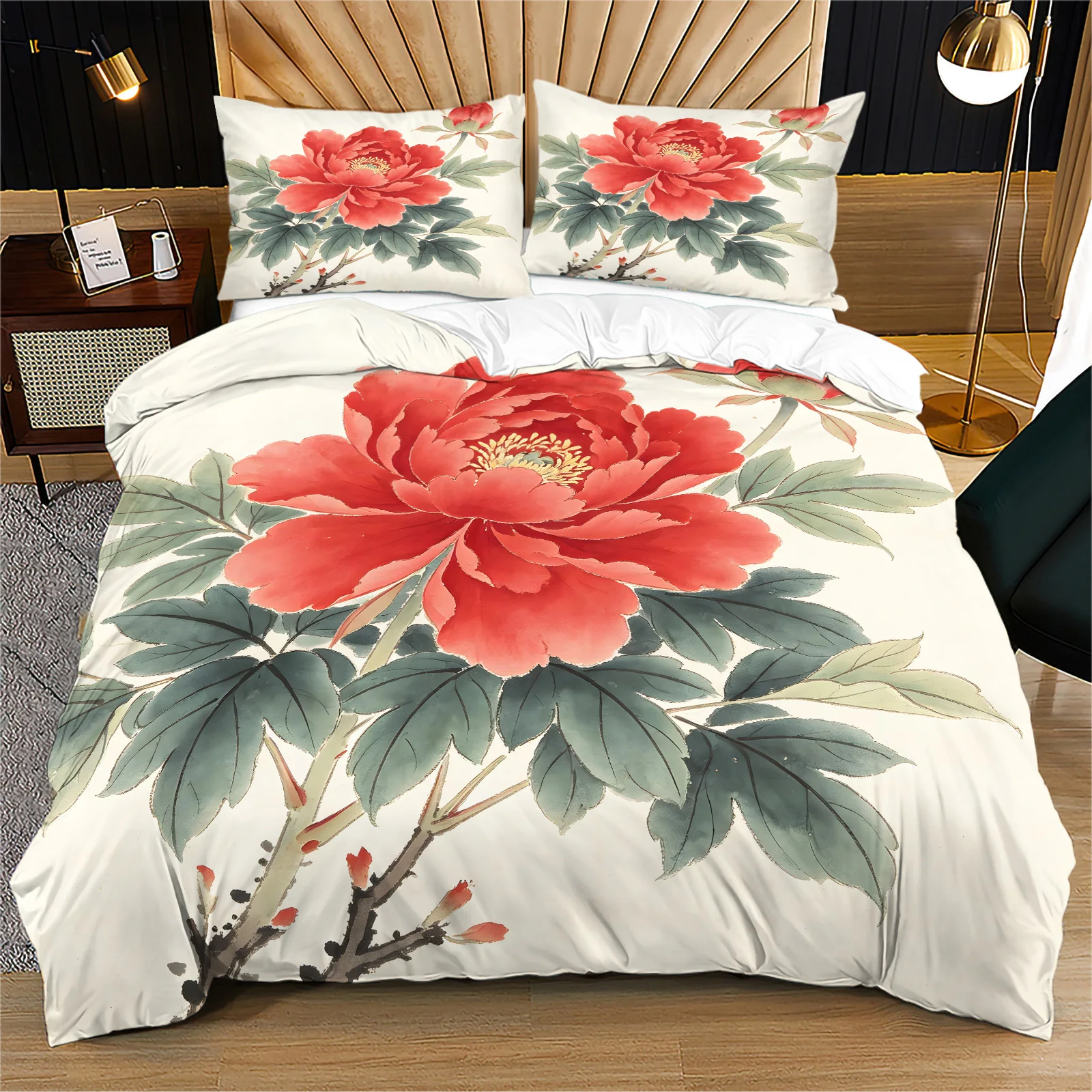 Chinese Ink Painting Red Peony Duvet Cover Set Traditional Chinese Floral Bedding Set Soft Polyester Quilt Cover Home Textile