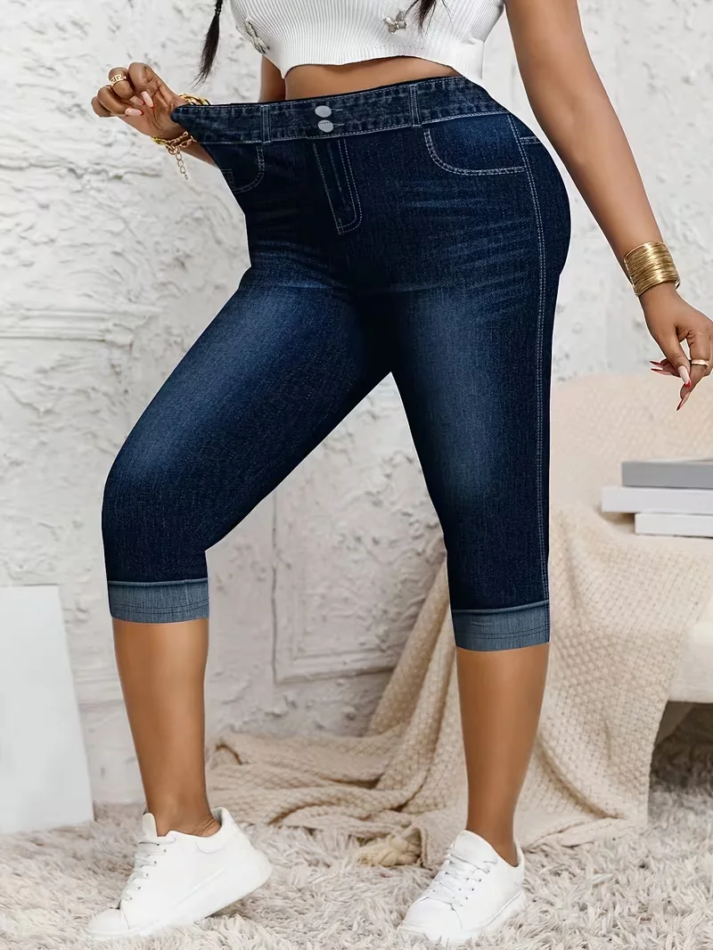 Printed Leggings, Not Denim Fabric, Fake Pocket & Button Print Capri Pants, High‑Stretch New Fashion Skinny Pants7
