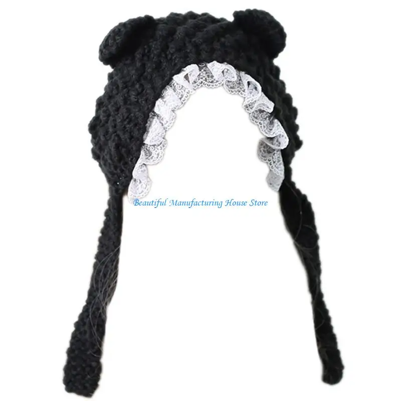 

E56A Knit Beanie Hat Animal Ears Lace Decor Winter Caps Knitted Hats Photograph Props for Kids Adults Women Girls