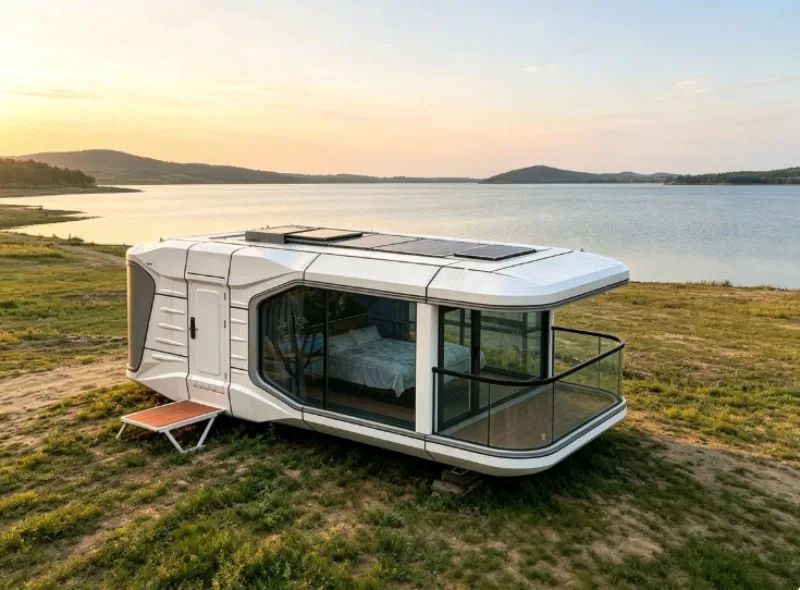 Modern Prefab Capsule House Featuring Large Panoramic Low‑E Glass And Anti‑Theft Smart Door Lock For Outdoor Hospitality Use