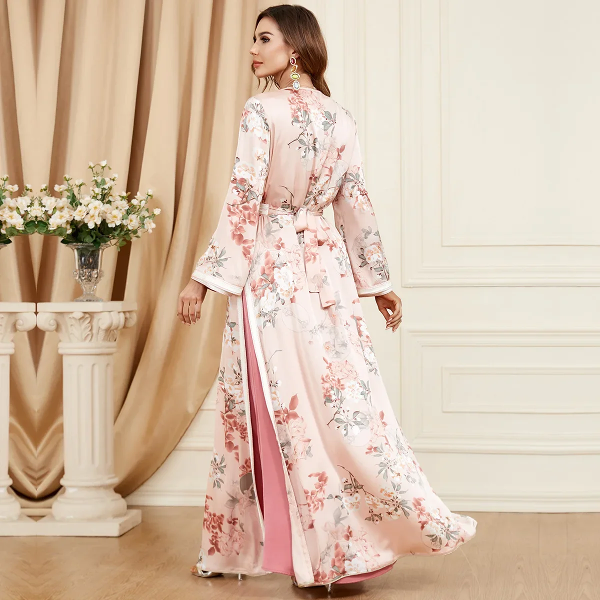 Print Women Morocco 2 Piece Set 2023 Robe Turkey Muslim Abaya Dress Eid Ramadan Party Dresses Dubai Abayas Belted Maxi Vestdios