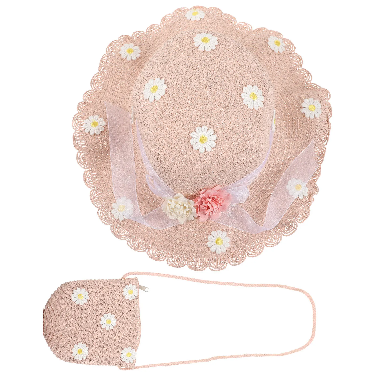 

2Pcs Pink Daisy Straw Sun Hat Bag Set Kids Toddler Summer Beach Hat Breathable Lightweight Sun Protection Kids