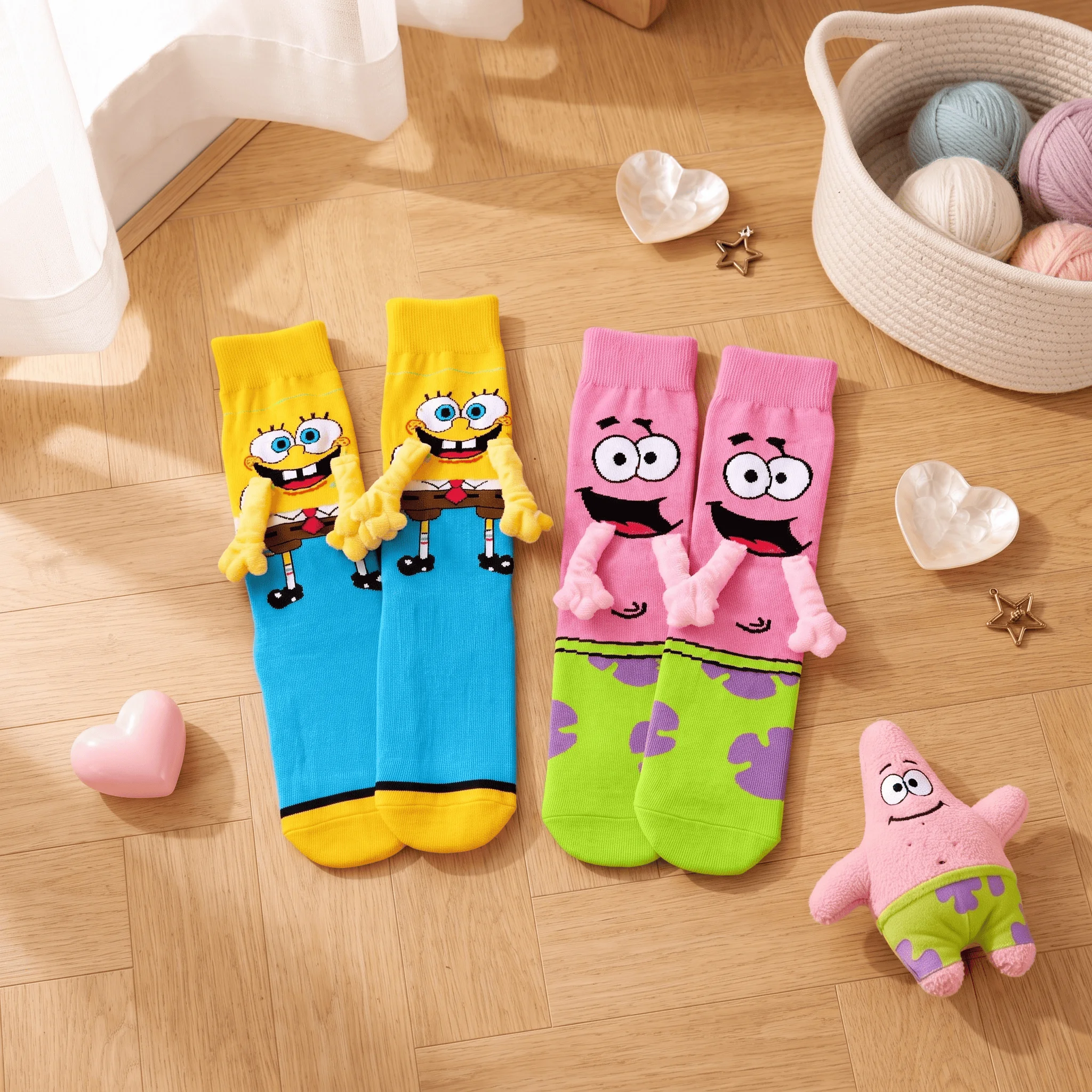 Kreative 3D Cartoon Socken SpongeBob & Patrick Händchen haltend Lustige Magnetische Crew-Socken aus Baumwolle Neuartiges Geschenk für Paare Streetwear – Detail 6