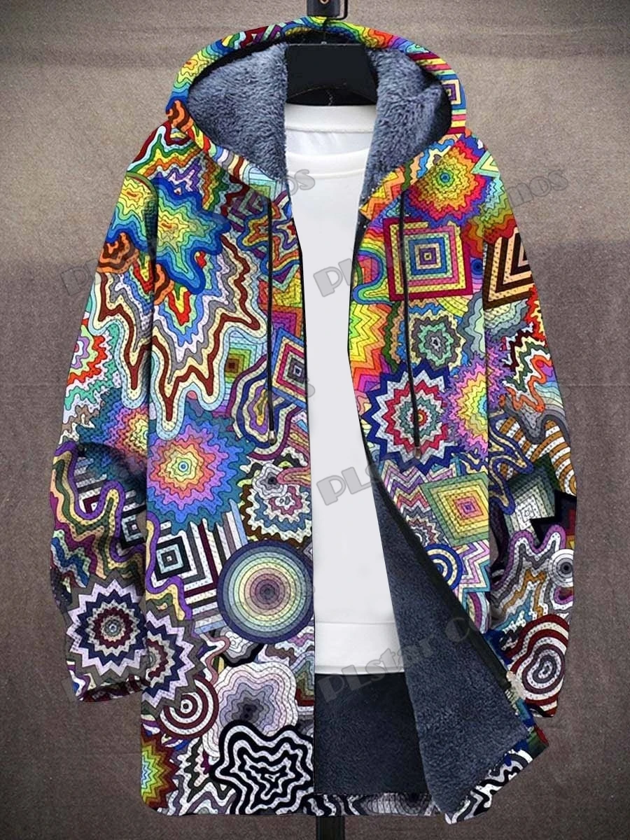 Cat Gradient Art Patterns Retro 3D Printed Men\'s Fashion Plush Thick Hooded Coat Winter Casual Warm zipper jacket CM06