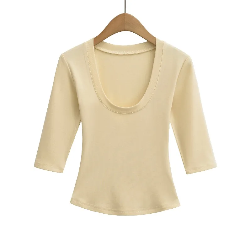 Pure Desire Sexy U-Neck Stretch Slim Fit Base Shirt Soft Top For Women Sleeves Detail Fabric Slim For Stylish Casual Daily