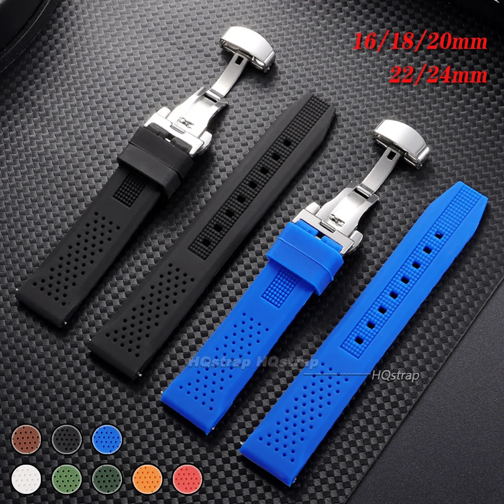 Bracelet de montre en silicone respirant 16mm 18mm 20mm 22mm 24mm pour Seiko pour Rolex, boucle papillon, bracelet étanche pour affaires