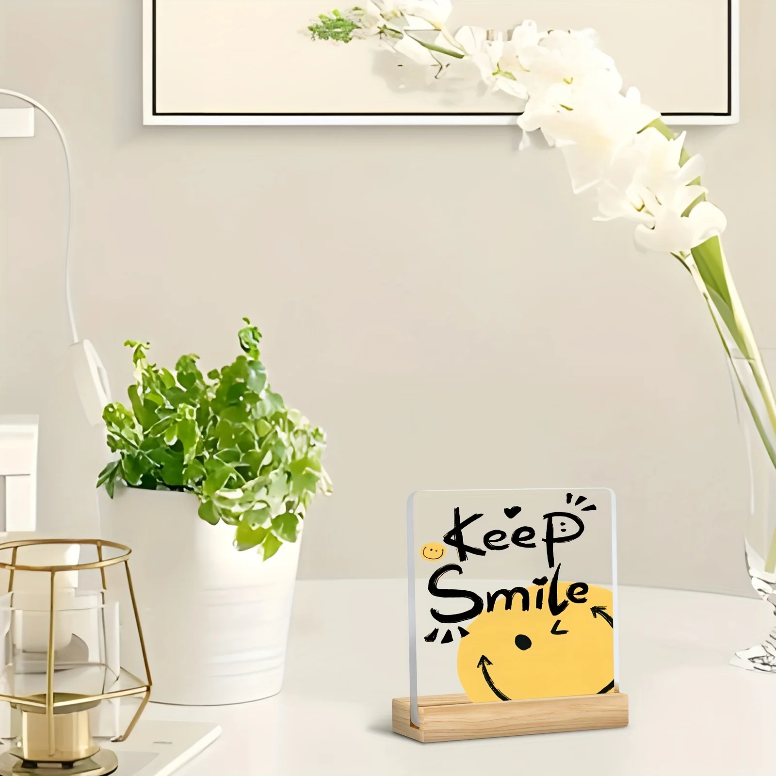 استمتع بالديكور المكتبي من الأكريليك - عبارة تحفيزية للوجه السعيد، طباعة مسطحة ثنائية الأبعاد، زخرفة ملهمة ورف الكتب