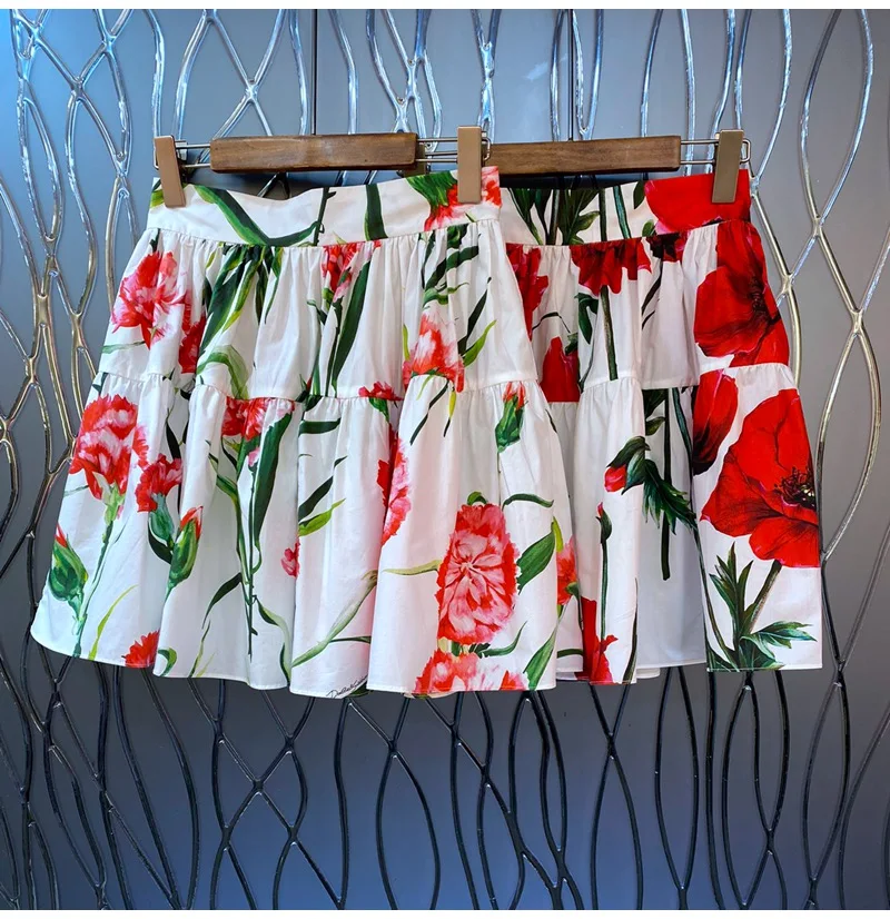 

100%Cotton Skirts 2023 Spring Summer Fashion Style Women Red Floral Prints A-Line Casual White Skirts Sexy Above Knee Skirt Club