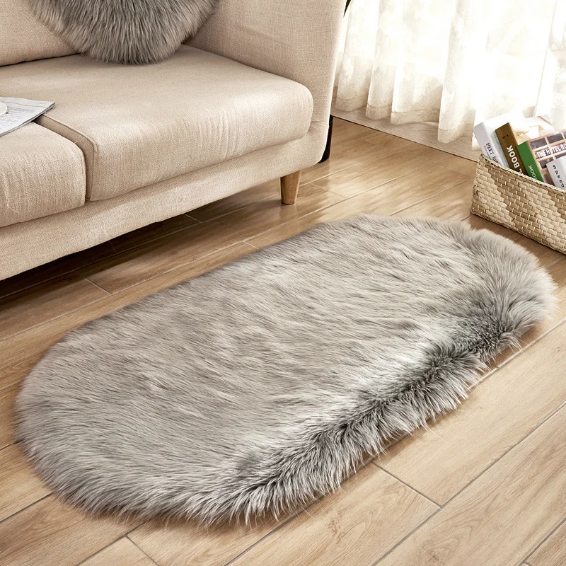 Oval Faux Fur Sheepskin Floor Rug, Grey 100x180CM