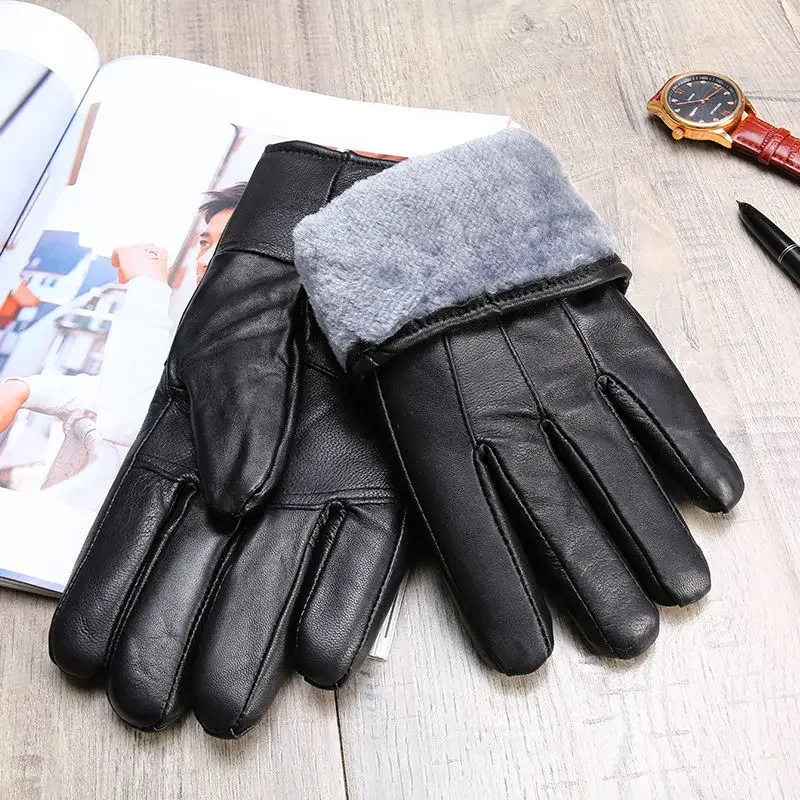 Genuine Leather Gloves For Men Women Fleece-lined Warm Thin Riding Motorcycle Autumn Winter Thickened Cotton Glove Wholesale