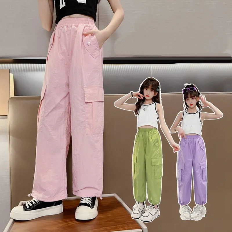 Girls Cargo Trousers Spring Fashion Teen Oversize Pants With Belt Pockets Harajuku Vintage Loose Straight Summer Kids Clothes