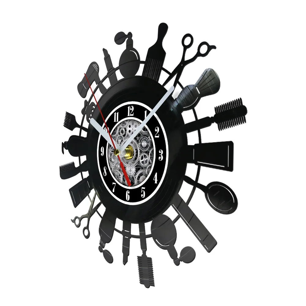 Barber Shop Supplies Laser Cut Longplay Wall Clock For Man Cave Hair Salon Hair Cutting Tools Artwork Vinyl Record Wall Clock