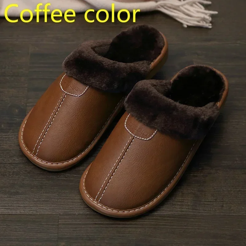 Men Leather Slippers Winter PU Leather Slippers Warm Indoor Slipper Soft Waterproof Home House Shoes Men Warm Leather Slippers