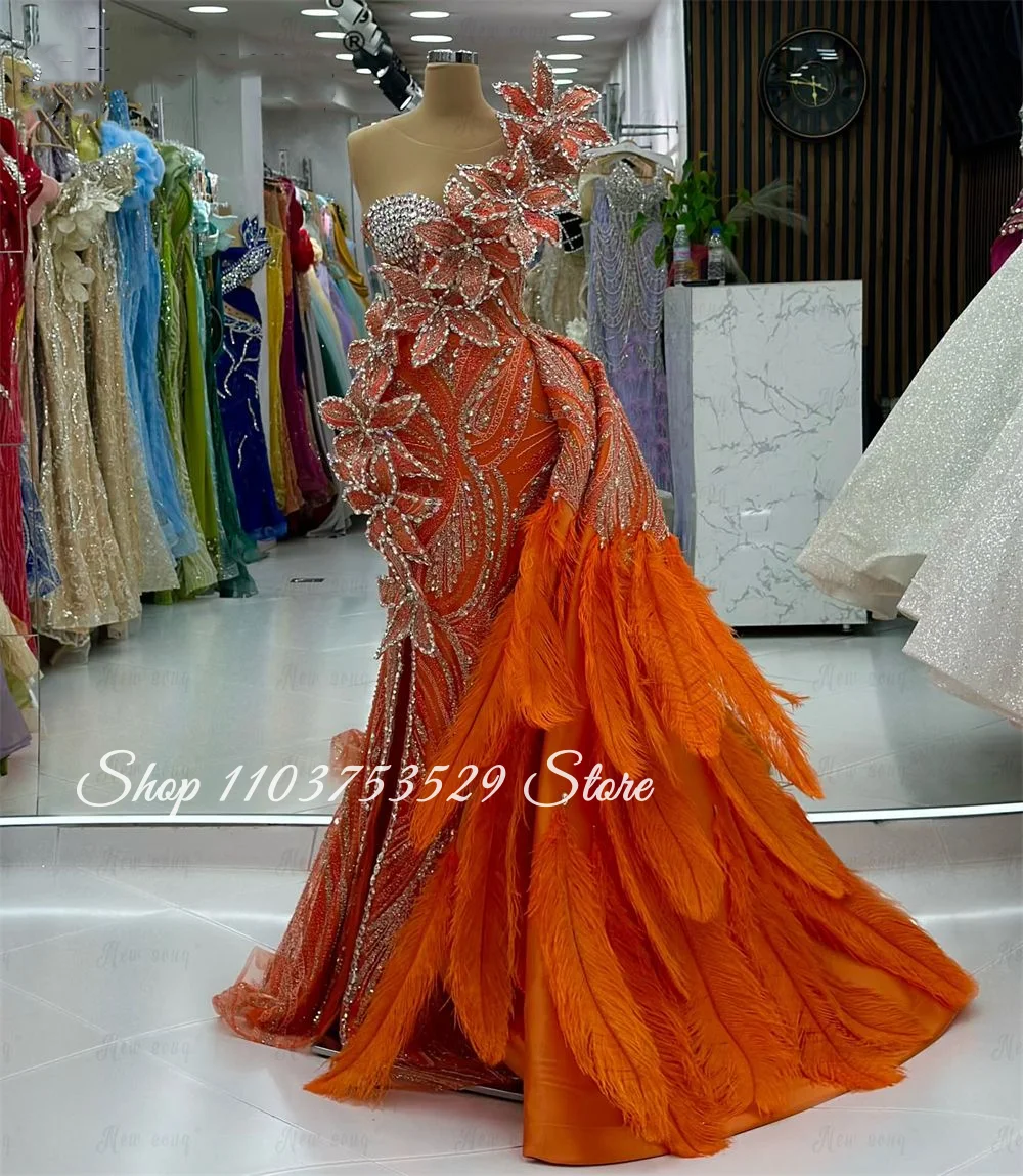 

Custom Orange Luxury Crystal Appliqué Evening Gown Beaded 3D Flowers Feathered Mermaid Skirt Glamorous Formal Occasion Dress