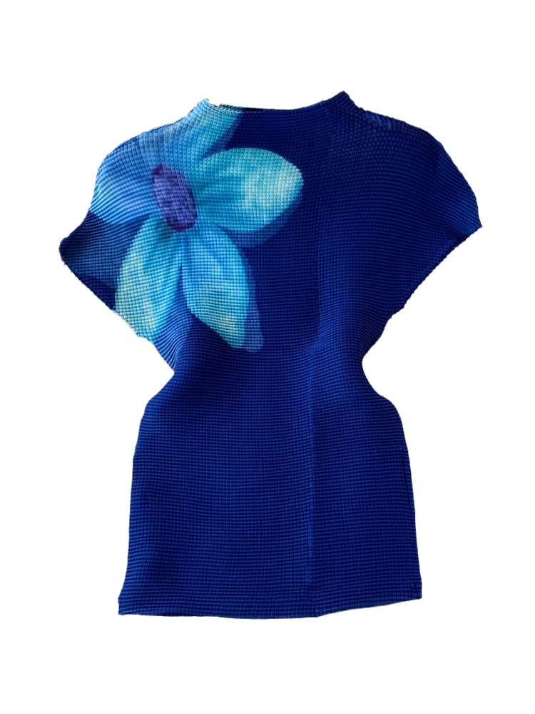 

Summer Faion Pleated Large Flower Print Stand Collar Slim Fit ort Sve T-irt Women's Sli Base Top Korean Sle