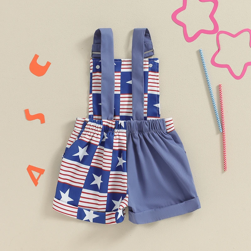 Toddler 4th of July Outfit Little Boy Girl American Flag Overalls Suspender Jumpsuit Shorts Patriotic Clothes