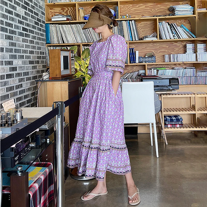 Retro ort Sve Floral Patchwork Color Blo Striped Waist Cinched Fi Tail Dr Women's Summer Ethnic Sle Dr