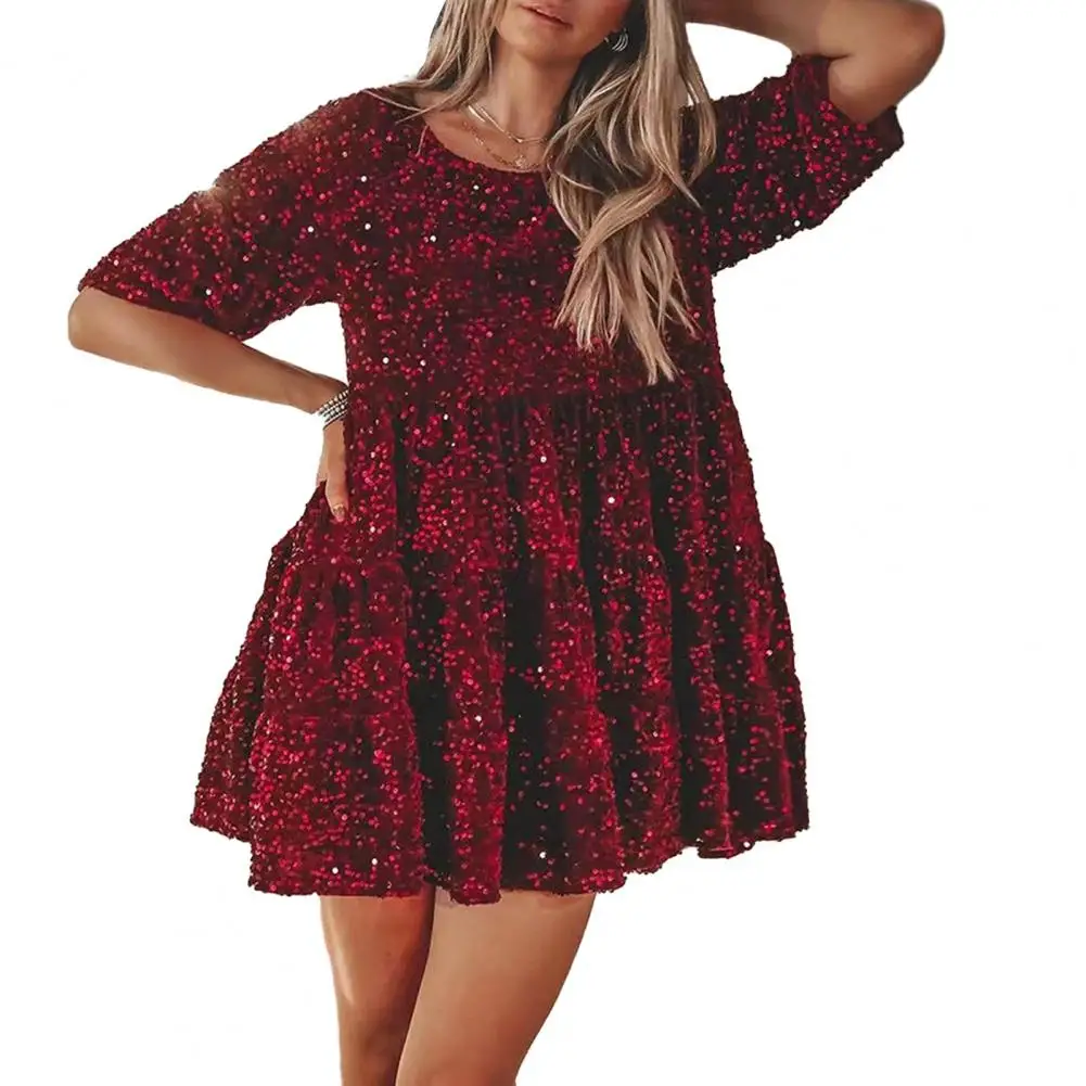 

Women Dress Shiny Sequin A-line Patchwork Big Swing V Neck Pleated Round Neck Short Sleeve Prom Party Above Knee Mini Dress