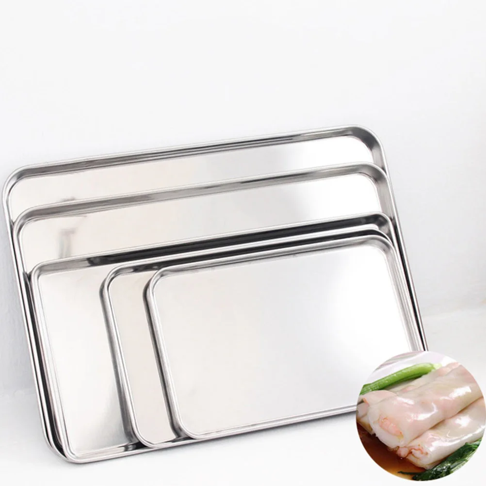 

1Pcs Stainless Steel Food Tray Flat Bottom Rustproof Kitchen Storage Serving Plate Practical Multifunctional Food