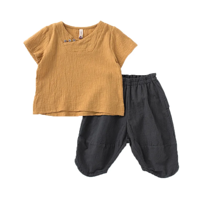 Summer New Short Sleeve Boys Cotton Linen Clothing Kids Two Piece Set Tang Suit Children Chinese Lovely Clothing