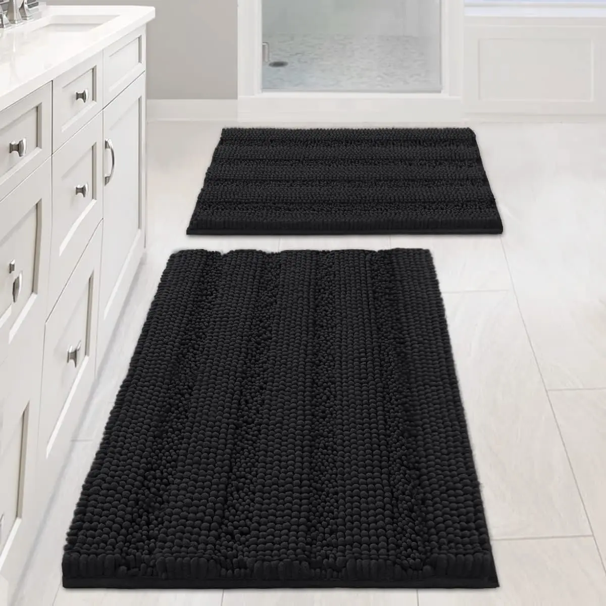

Non-Slip Thick Shaggy Chenille Bathroom Rug Set, Extra Soft Absorbent Striped Floor Mats, 2-Piece Machine-Washable