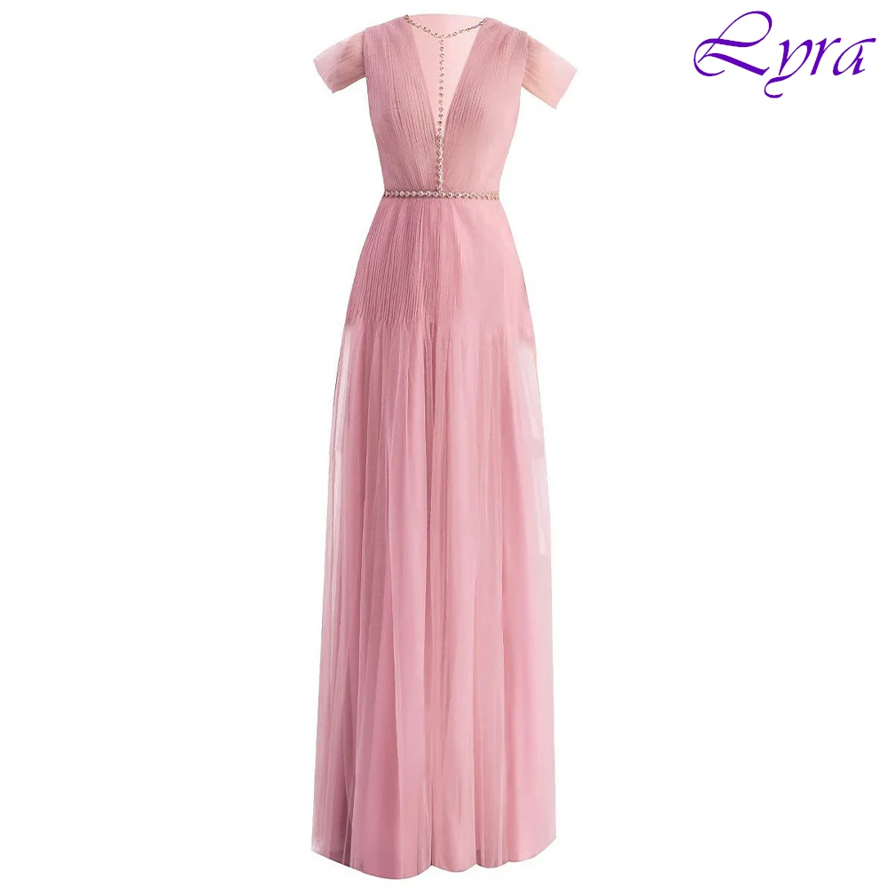 ชุดราตรีทรงเอไลน์ คอวี แขนสั้น ดีไซน์หรูหรา สง่างาม แฟชั่นทันสมัย สไตล์ดารา ให้ลุคสง่างาม เหมาะสำหรับงานปาร์ตี้