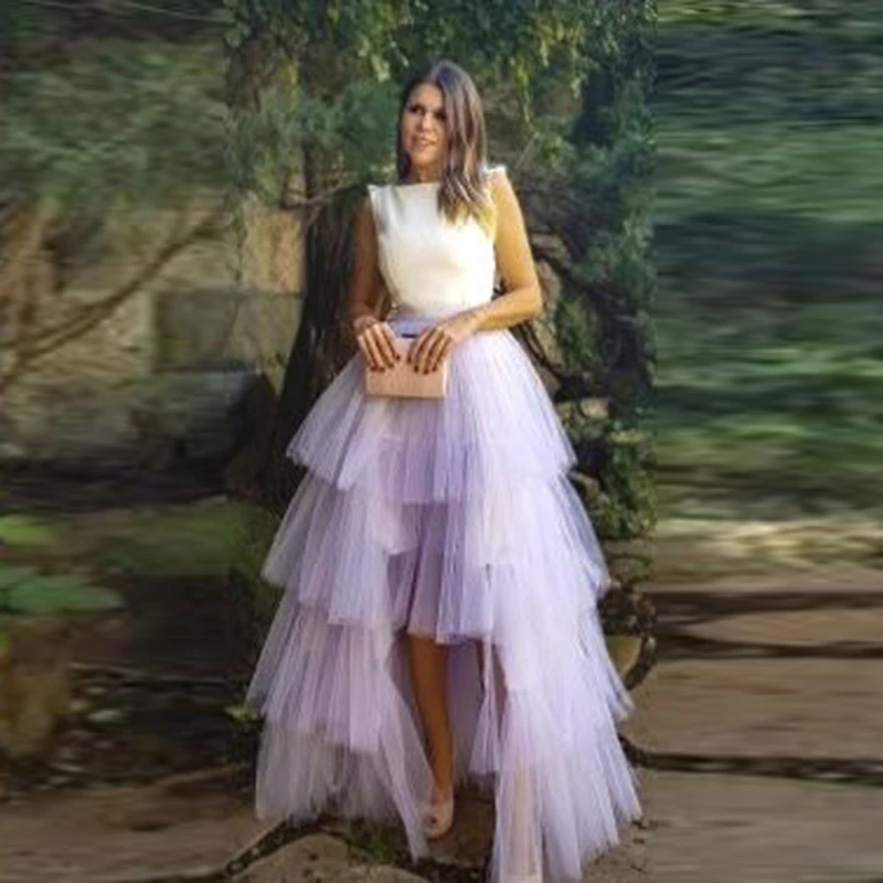 

Lavender High Low Skirt Tiered Elastic Waistband Saias To Birthday Wedding Party High Street Puffy Tulle Long Skirts For Lady