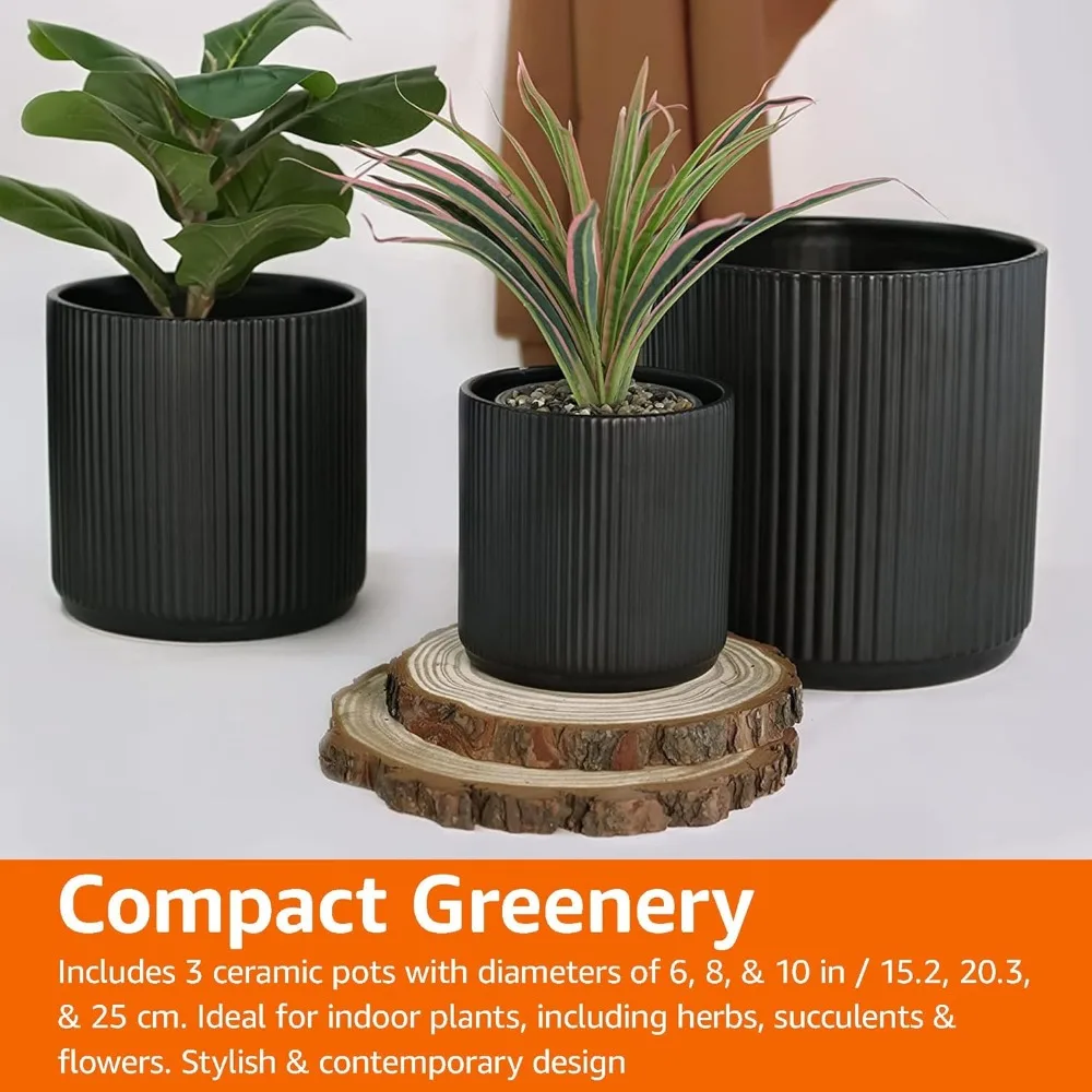 

Assorted Sizes Fluted Ceramic Round Planters, Set of 3, Black, 6-Inch, 8-Inch, 10-Inch