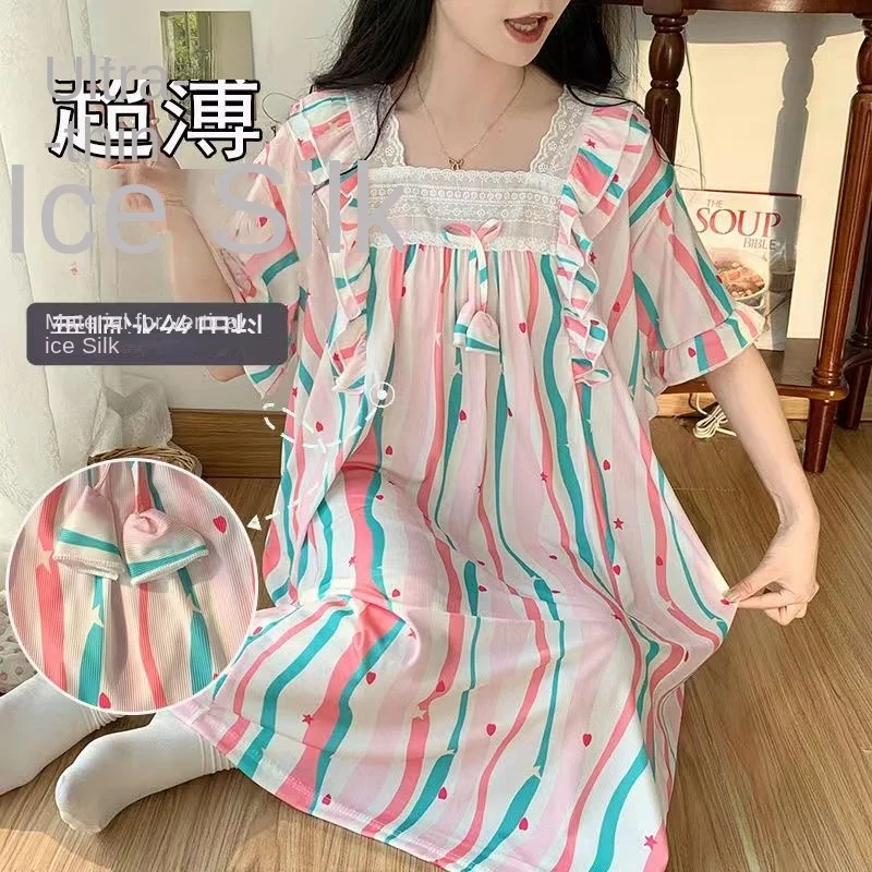 Short-sleeved Ice Silk Nightdress Summer 290 Pounds Large Size Loose Thin Fat Mm Princess Pajamas Sweet Home Dress Comfortable