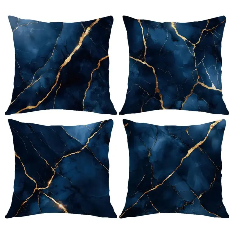 Home Decor Dark Blue & Gold Marbled Pattern Pillow Covers Pattern Cushion Cover Suitable For Sofa Bedroom Car Pillow Cover
