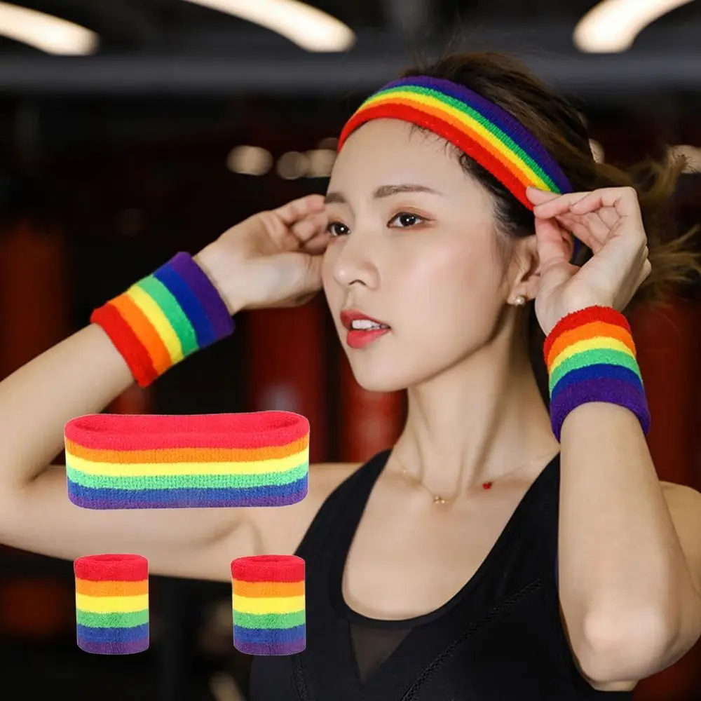 

Colorful Rainbow Tennis Headband Polyester Breathable Athletic Sweat Bands Elastic Soft Sport Wristband Protect The Wrist Joint