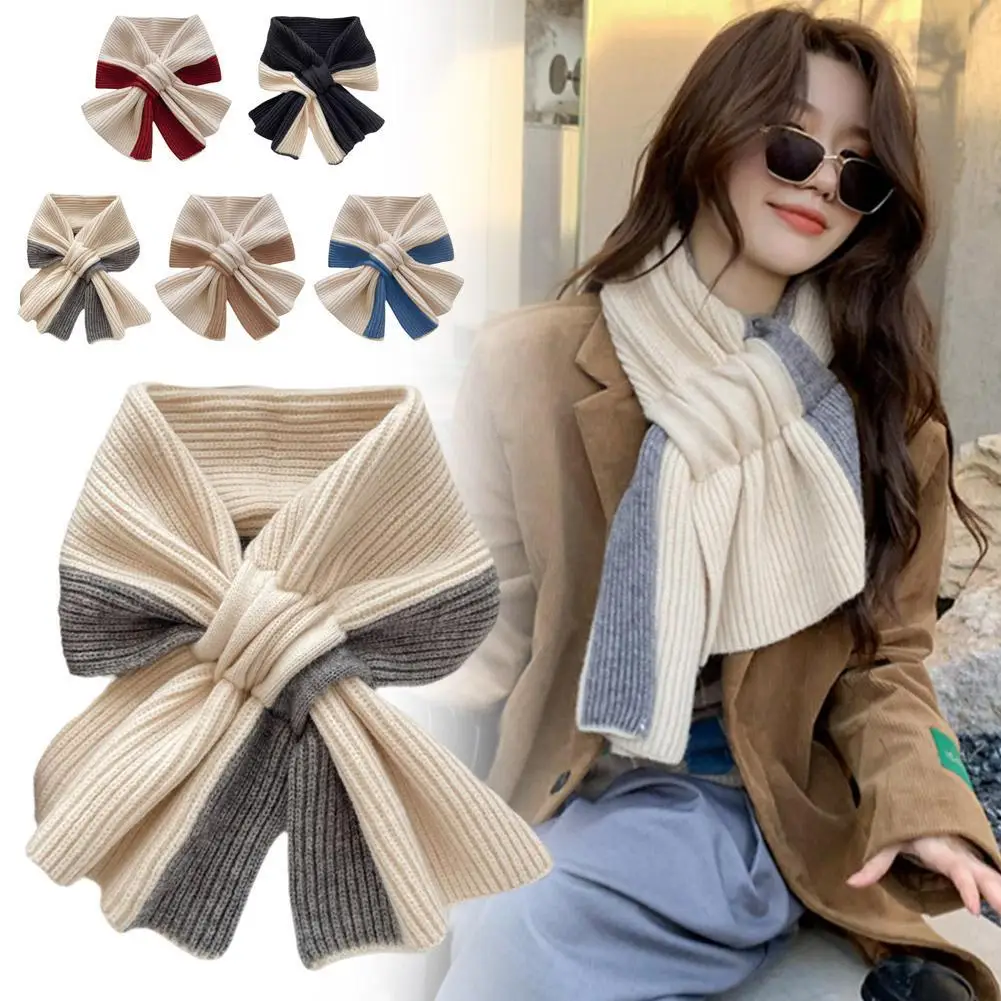 1pc Korean Style Knitted Scarf For Women Girls Autumn Winter Soft Cross Patchwork Colors Scarves Lady Warm Neck Protection New