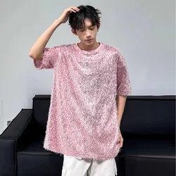 Men Women Sequin Tassels Stage Fashion Show Loose Casual Short Sleeve Tee Shirts Unisex T-shirt Party Clothing Couple Tshirts