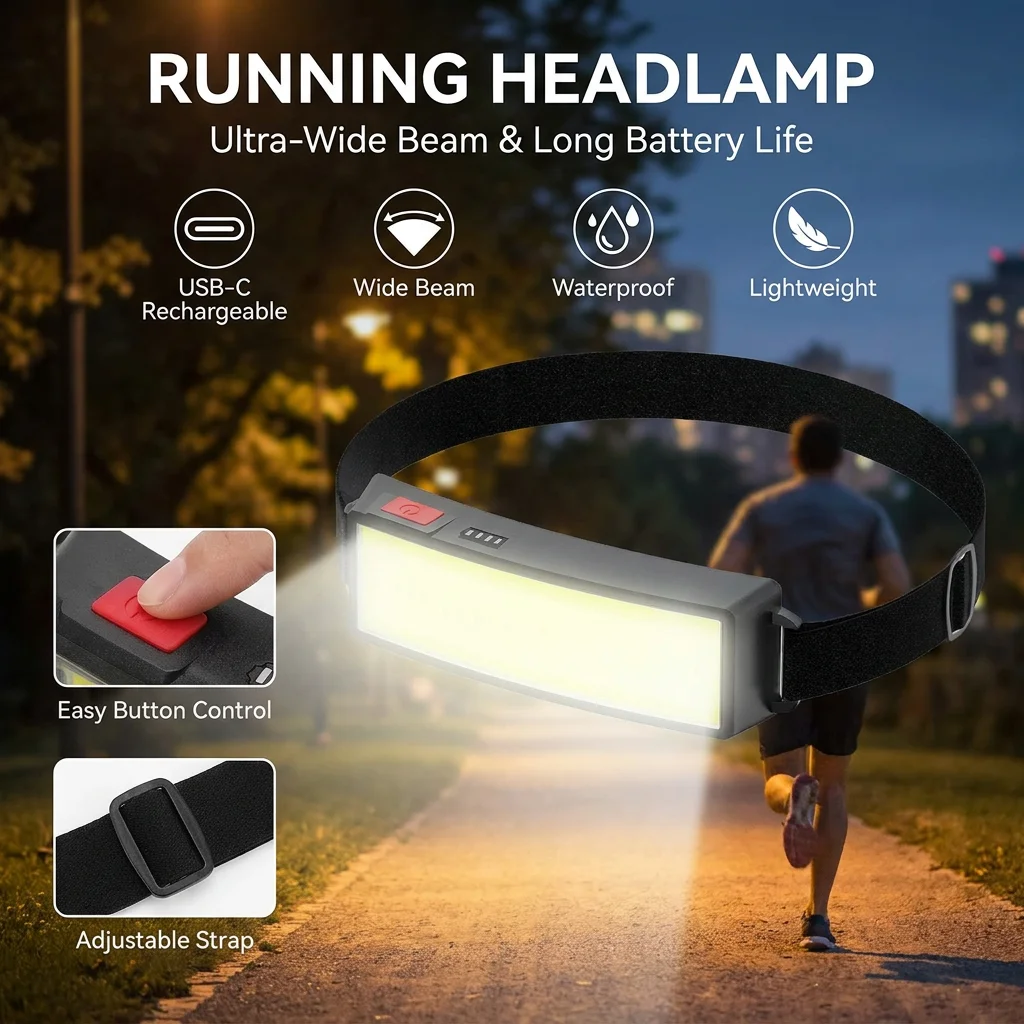 Powerful COB LED Headlamp Type-c Rechargeable Head Flashlight Built-in Battery Outdoor Fishing Camping Lantern Waterproof Torch
