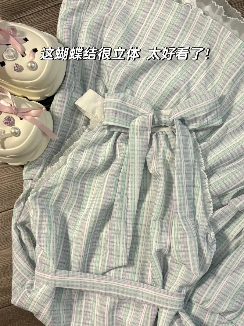 Süße Ärmellose Lange Kleid Frauen Koreanische Plaid Bogen Spitze Up Taille EINE Linie Rüschen Kleider Off Schulter Fee Strand Robe