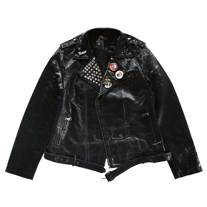 American Original Spring Punk Rock Leather Jacket Rivet Badge Crocodile Pattern Cable-stayed Locomotive Leather Jacket Women