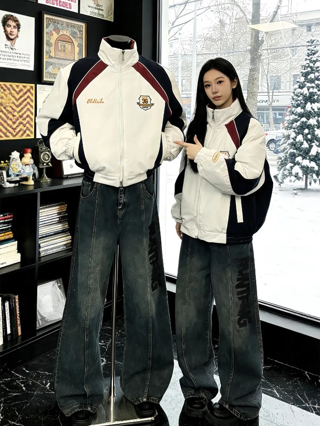 

Miralay Motorcycle down Cotton Jaet Men's Trendy Embroidered Patchwork Color Blo Racing Coat Winter Couple Outerwear