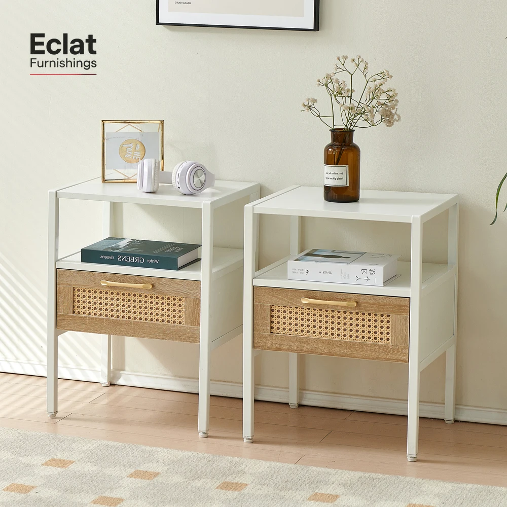 

Set of 2, 15.75" Rattan End table with drawer, Modern nightstand, metal legs,side table for living room, bedroom,white
