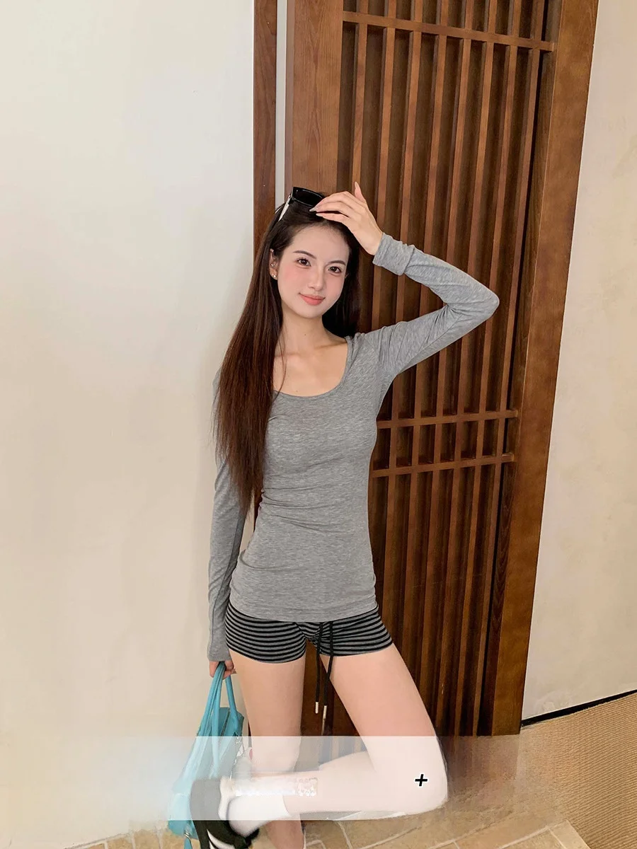 

Женская футболка Long Sve T-irt, облегающая, в стиле «Spicy Girl», осенняя новинка, повседневная, в корейском стиле, стандартной длины, из смесового волокна...