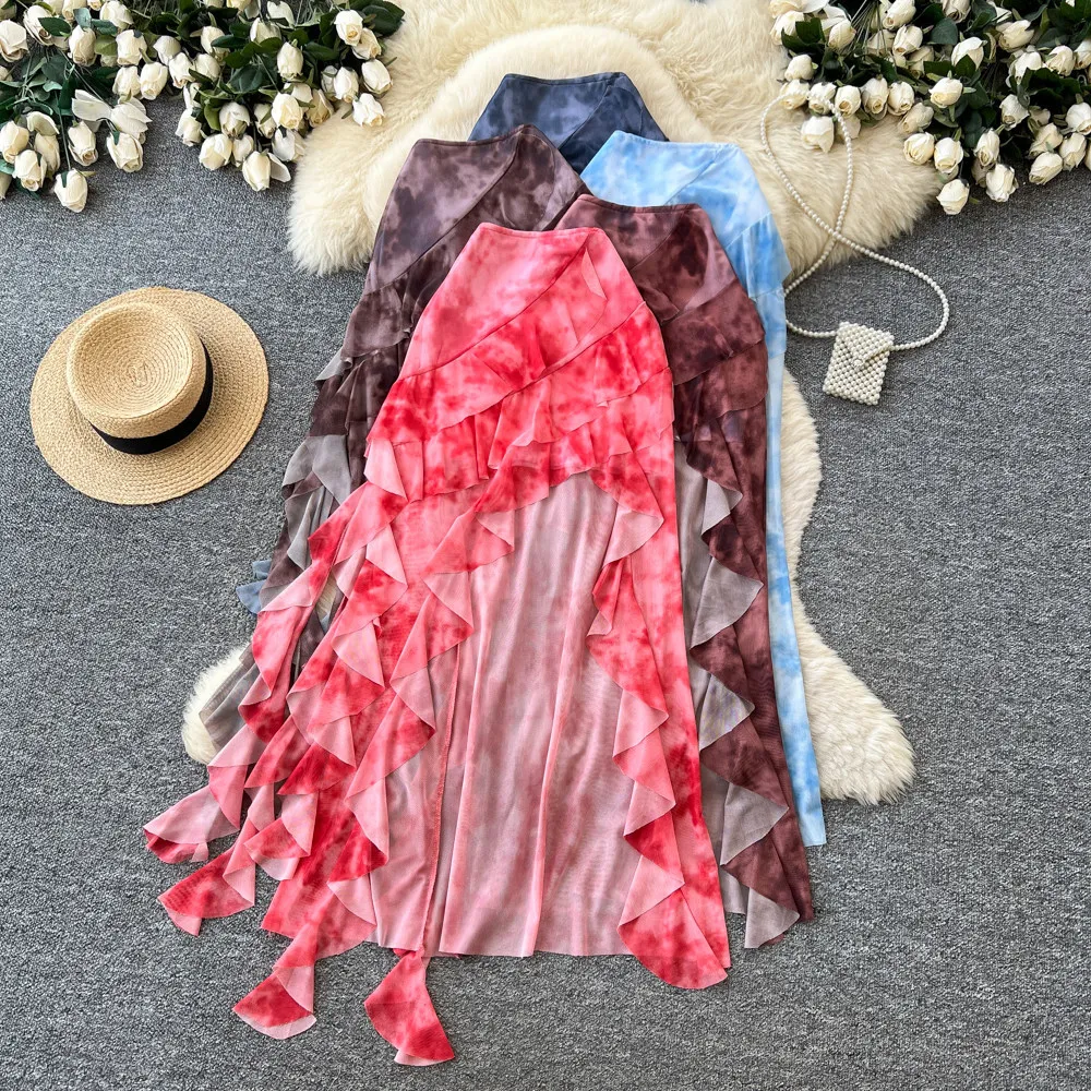Skirts Women Mid Length Skirt A Line High Waist Slim Fit Hip Wrap Ruffles Print Elegant Splice Y2k Streetwear Work 2026 Summer