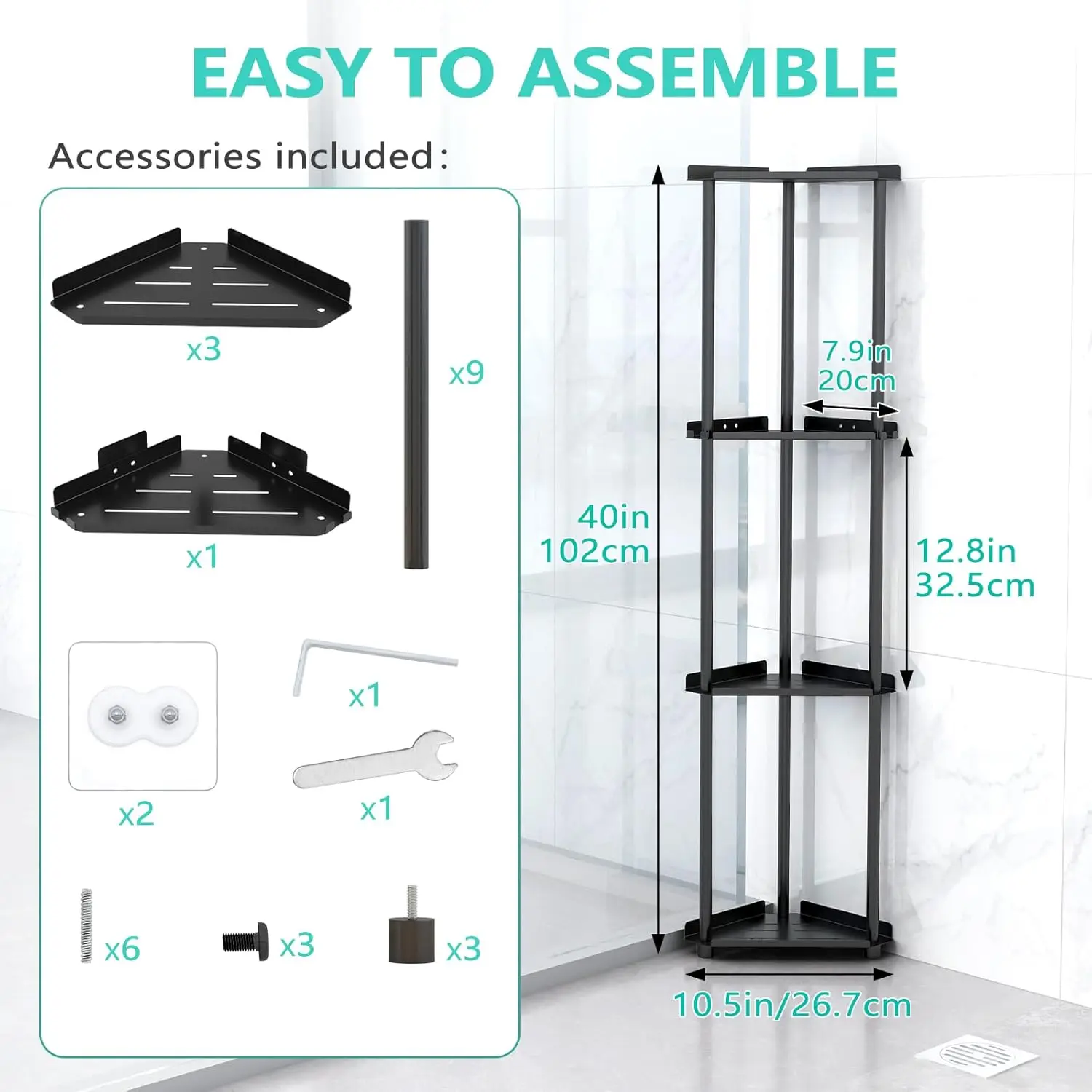 

Standing Caddy Corner, 4 Tier Organizer Corner Black, Tall Floor Stand with 4 Hooks, Corner Shelves