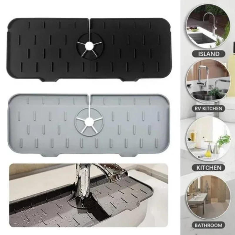 Kitchen Silicone Faucet Mat for Sink Sponge Drain Rack Foldable Sink Mat Faucet Splash Catcher Bathroom Countertop Protector Mat