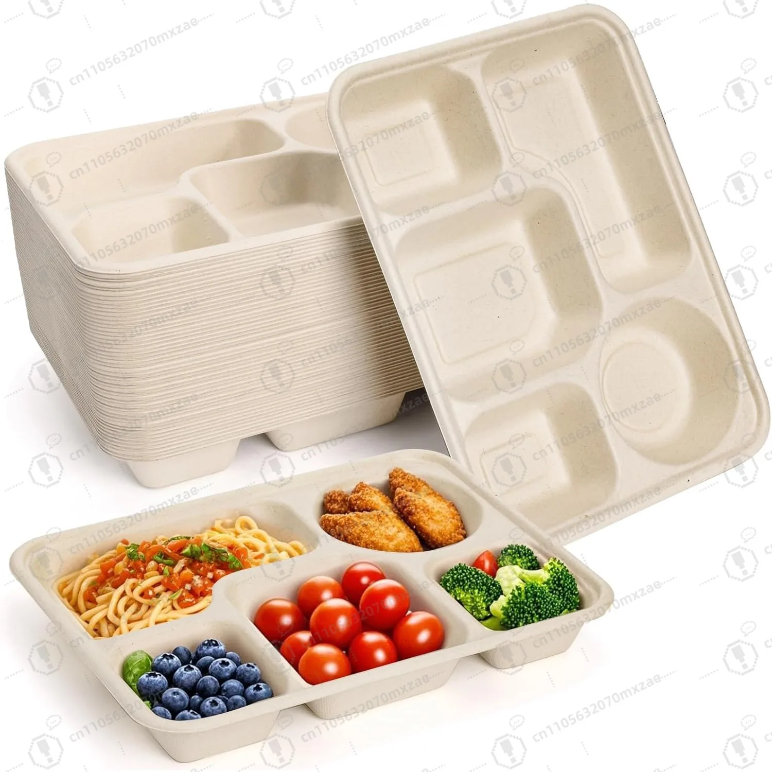 

50 Pack 5 Compartment Disposable Plates 11x8 Inch Biodegradable Bagasse Lunch Trays for Party Picnic
