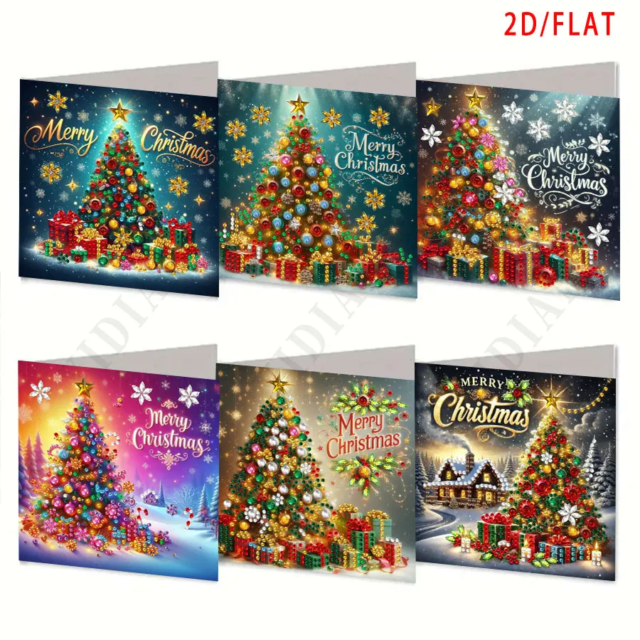 Juego de tarjetas de árbol de Navidad con pintura de diamantes de 6 piezas: el regalo festivo perfecto para enviar deseos cálidos a familiares y amigos