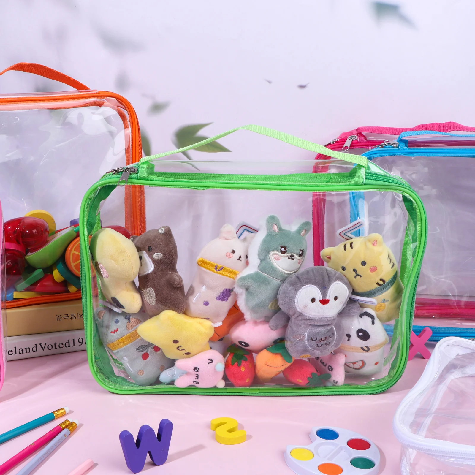 6 Colors Clear Toy Storage Bags PVC Organizing Bags With Zipper Reusable Waterproof Toy Bags With Handle, 12.6x9 Inch Plastic St