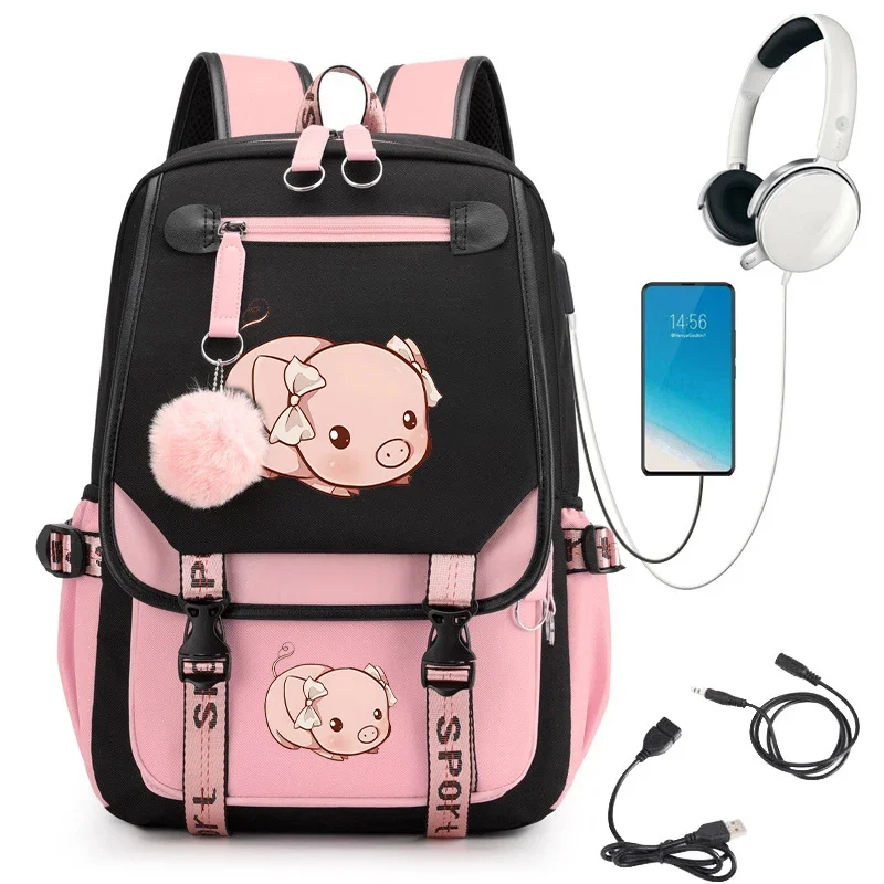 Torby szkolne dla plecaka studencka Cartoon Cute Pig Print Graficzny plecak dla nastolatków Powrót do szkoły Tornister USB Bagpack