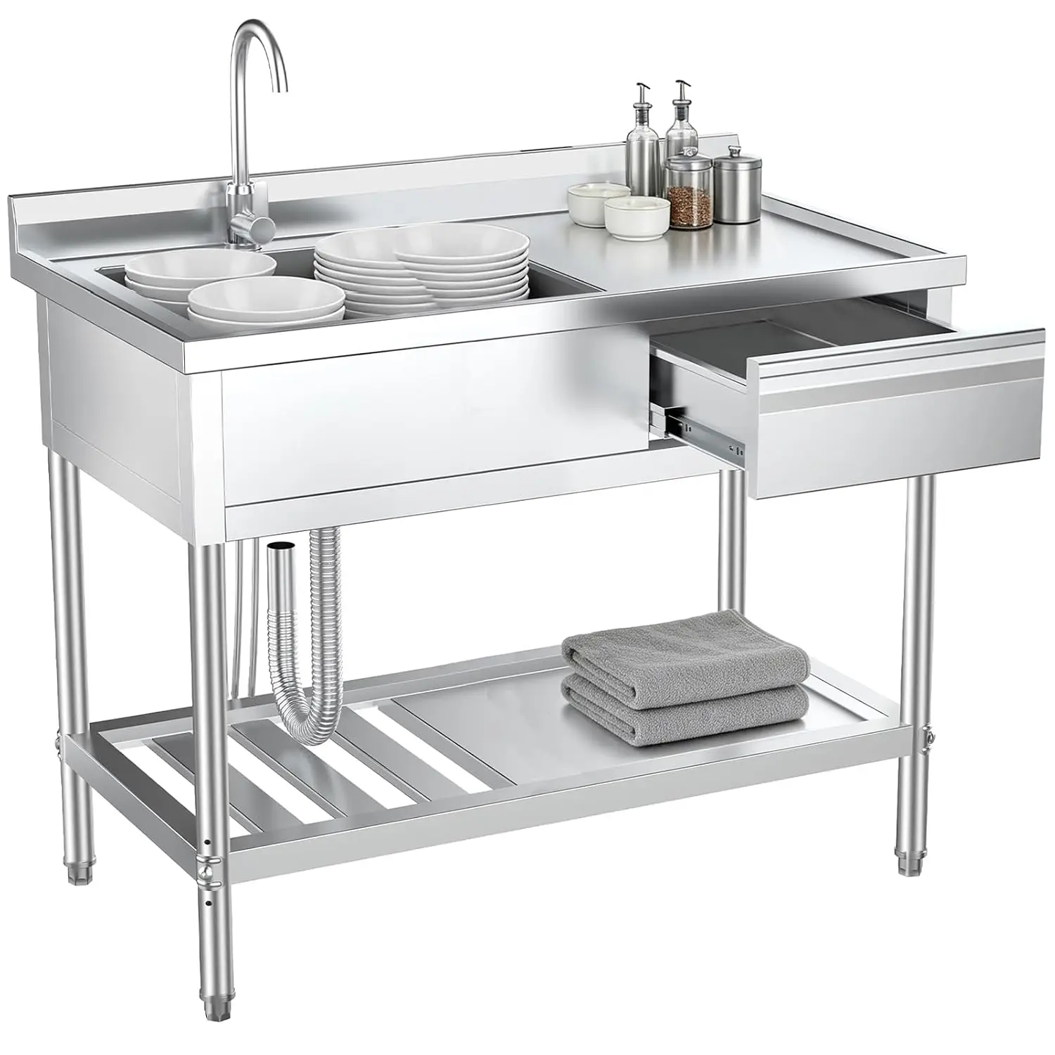 Stainless Steel Utility Sink with Drawers & Plumbing Single Bowl Commercial Sink for Kitchen, Laundry & Farmhouse, Heavy-Duty