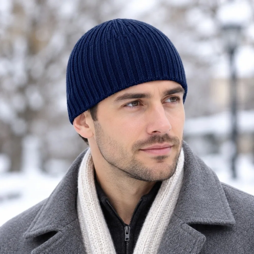 Casual Soft Striped Knitted Beanie Solid Color Lightweight Short Crochet Landlord Cap Windproof Thermal Warm Men Cap Driving
