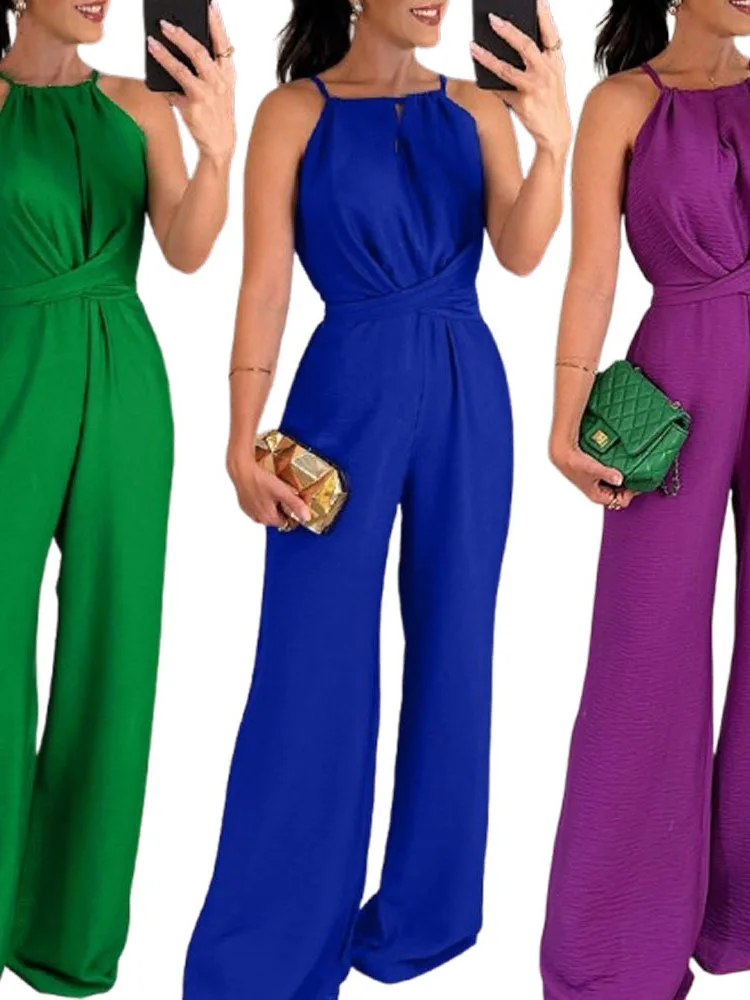 Verão nova cor pura feminina sve sexy fino ajuste pendurado ne cintura cinching calças de uma peça com cinto cintura baixa calças compridas